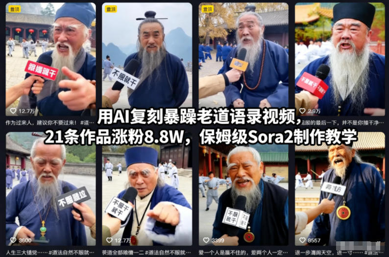 用AI复刻暴躁老道语录视频,21条作品涨粉8.8W,保姆级Sora2制作教学-小钱大课云网创