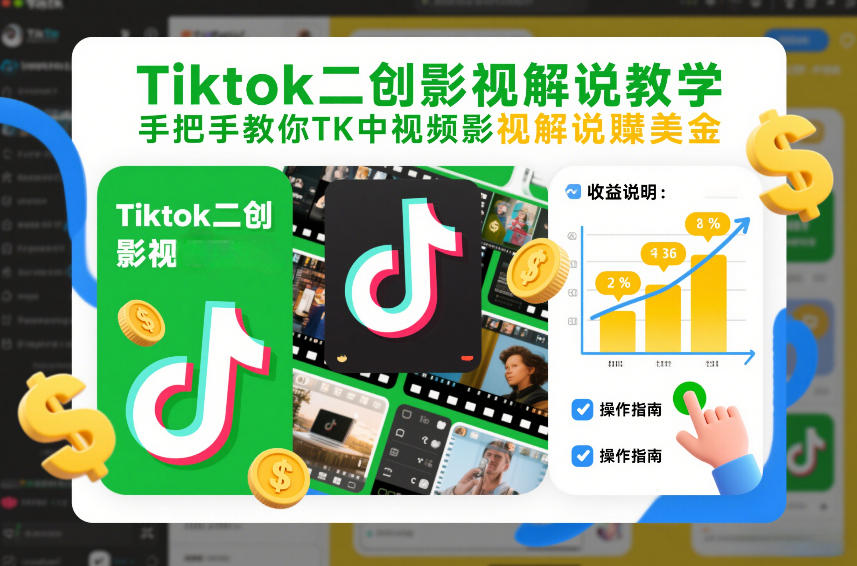 Tiktok二创影视解说教学，手把手教你TK中视频影视解说賺美金(更新26年1月)-小钱大课云网创