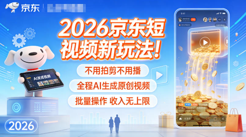 2026京东短视频新玩法！不用拍剪不用播，全程AI生成原创视频，批量操作收入无上限-小钱大课云网创