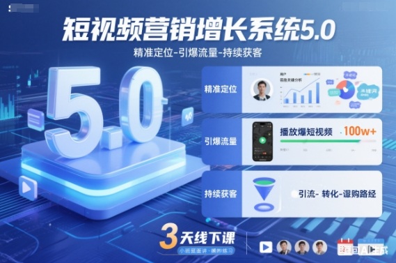 短视频营销增长系统5.0，精准定位-引爆流量-持续获客，3天线下课(音频+图片)-小钱大课云网创