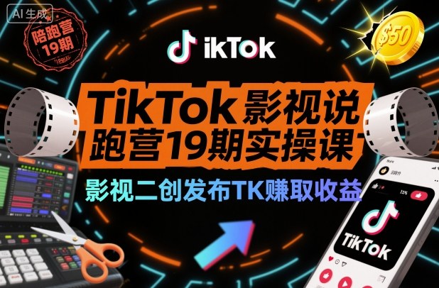 TikTok影视解说陪跑营19期实操课，影视二创发布TK賺取收益，万播收益50美金(更新)-小钱大课云网创
