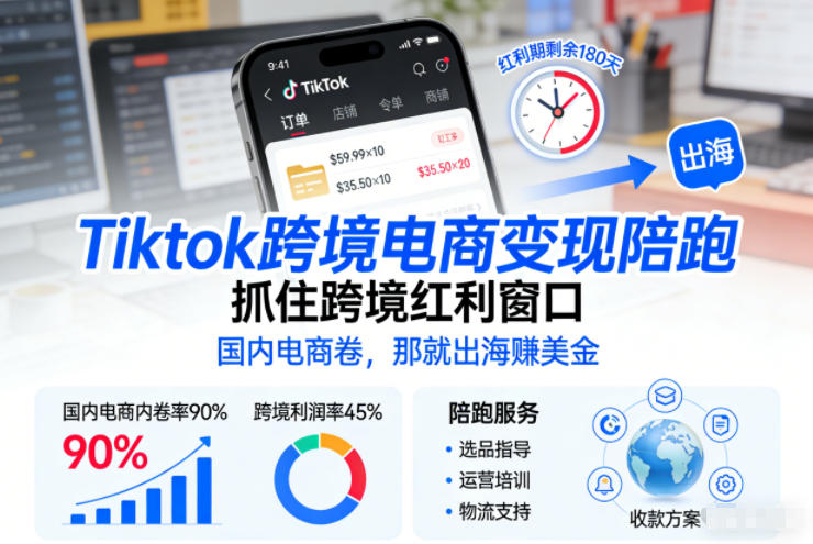Tiktok跨境电商变现陪跑，抓住跨境红利窗口，国内电商卷，那就出海賺美金-小钱大课云网创