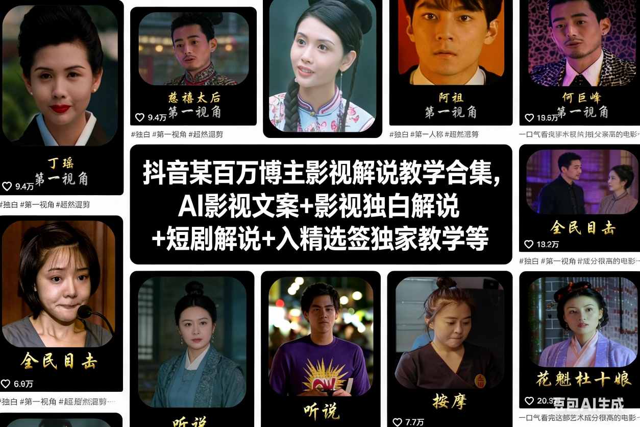 抖音某百万博主影视解说教学合集，AI影视文案+影视独白解说+短剧解说+入精选签独家教学等-小钱大课云网创