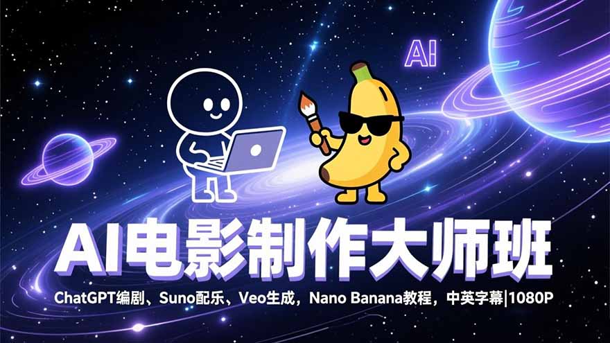 AI电影制作大师班：ChatGPT编剧、Suno配乐、Veo生成，Nano Banana教程，中英字幕|1080P-小钱大课云网创