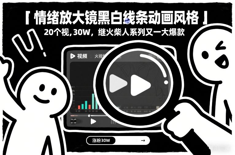 情绪放大镜黑白线条动画风格，20个视频，涨粉30W，继火柴人系列又一大爆款-小钱大课云网创