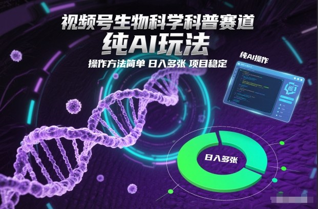 视频号生物科学科普赛道，纯AI玩法，操作方法简单，日入多张，项目稳定-小钱大课云网创