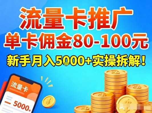 流量卡推广，单卡佣金80-100，新手月入5k+实操拆解！-小钱大课云网创