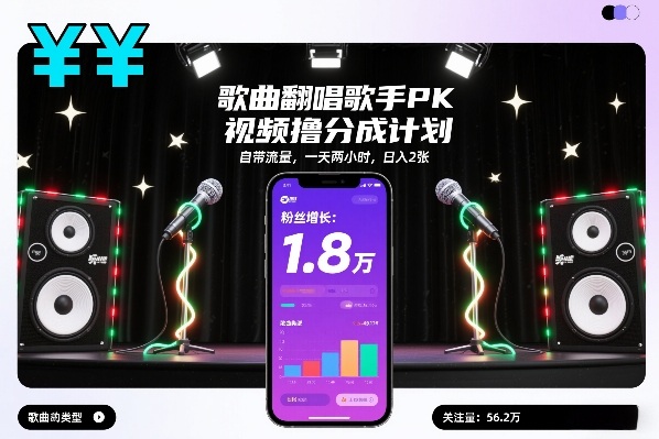 歌曲翻唱歌手PK视频撸分成计划，自带流量，一天两小时，日入2张-小钱大课云网创