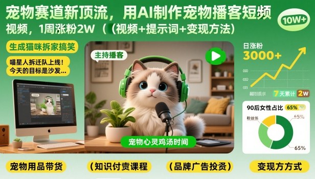 宠物赛道新顶流，用AI制作宠物播客短视频，1周涨粉2W(视频+提示词+变现方法)-小钱大课云网创