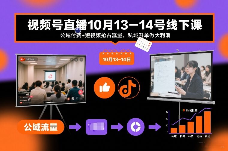 视频号直播10月13-14号线下课，公域付费+短视频抢占流量，私域升单做大利消-小钱大课云网创