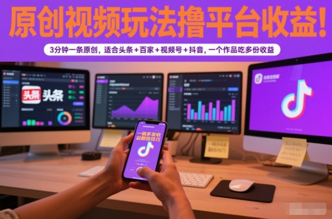 原创视频玩法撸平台收益，3分钟一条原创，适合头条+百家+视频号+抖音，一个作品吃多份收益-小钱大课云网创