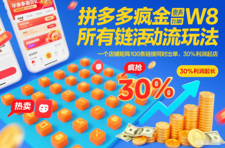 拼多多疯狂活动流玩法，所有链接全部打标，一个店铺矩阵100条链接同时出单，30%利润起店-小钱大课云网创