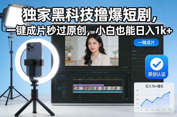 独家黑科技撸爆短剧，一键成片秒过原创，小白也能日入1k+【揭秘】-小钱大课云网创
