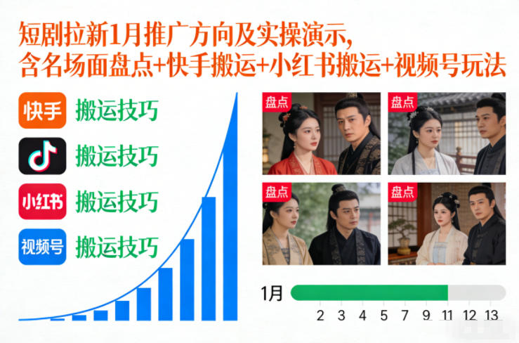 短剧拉新1月推广方向及实操演示，含名场面盘点+快手搬运+小红书搬运+视频号玩法-小钱大课云网创